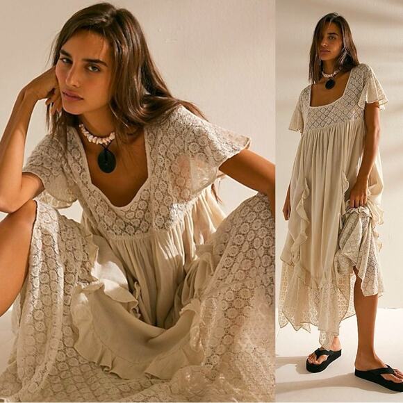 Free People Ethereal Bohemian Bring The Romance Midi Maxi Dress Neutral Medium - Picture 1 of 16